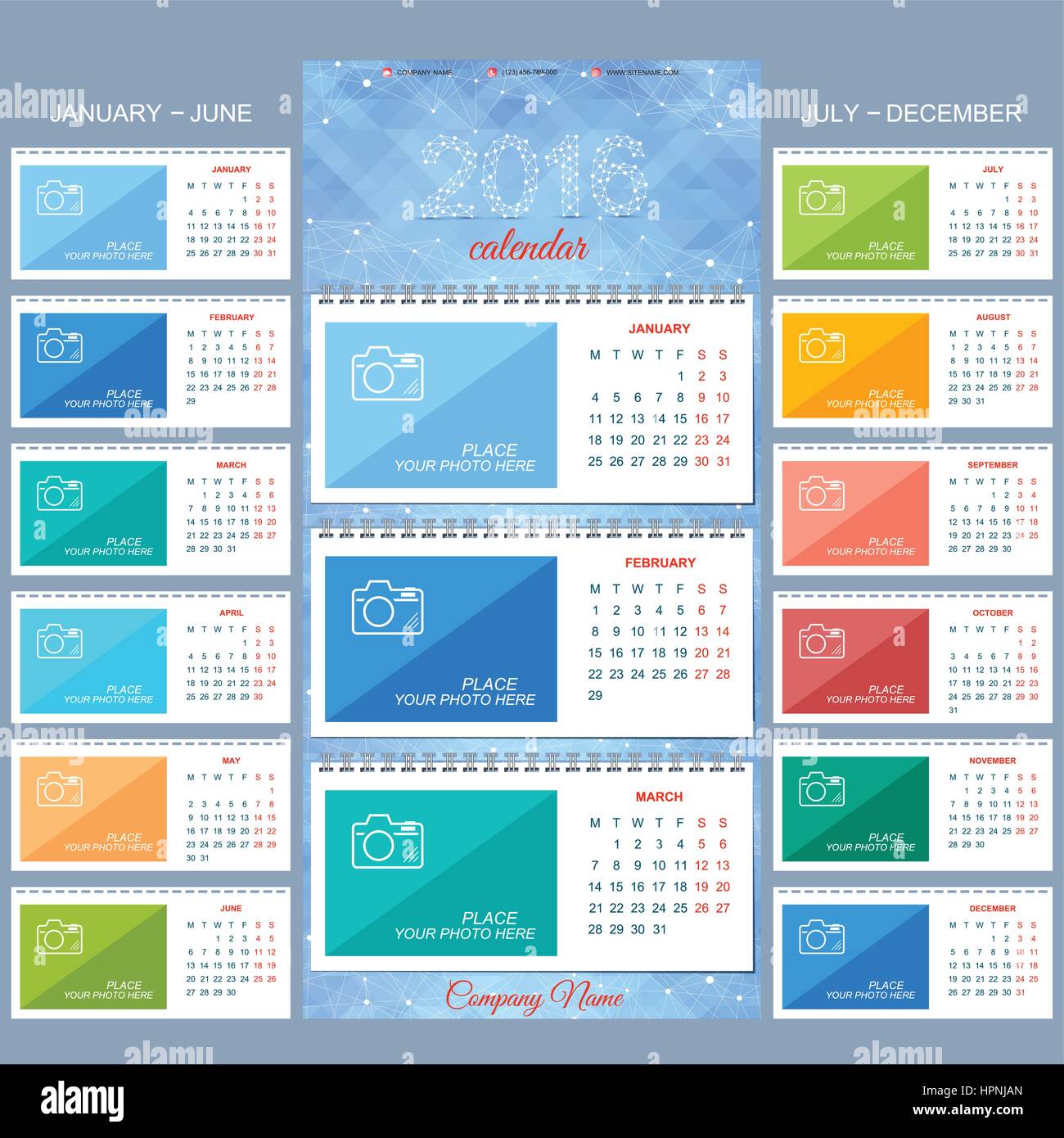 Calendario da parete 2016 anni . Vettore di modello di progettazione con posto per la tua foto. Set di dodici mesi Illustrazione Vettoriale
