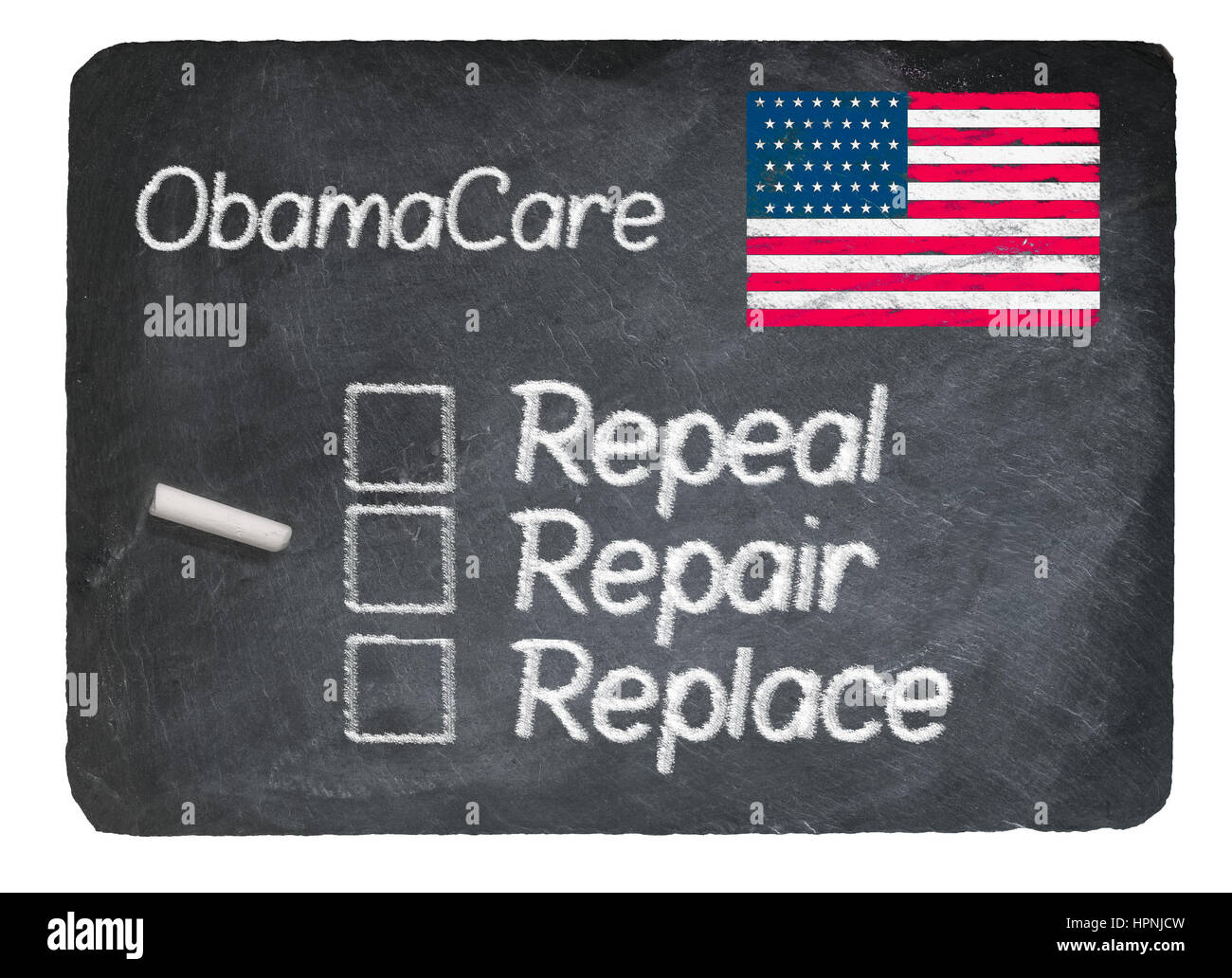 Salute Obamacare scelta del piano di riparazione scritto in gesso su una gessoso ardesia naturale blackboard isolata contro uno sfondo bianco Foto Stock