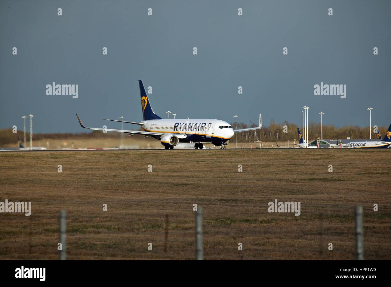 Ryanair aerei di atterraggio all'Aeroporto di Stansted. Foto Stock