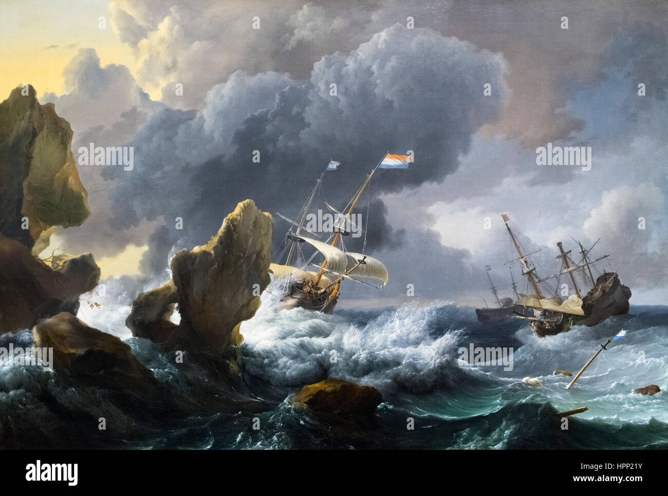 Ludolf Backhuysen ( Ludolf Bakhuizen : 1631-1708) " navi in emergenza fuori da una costa rocciosa', olio su tela, 1667 Foto Stock