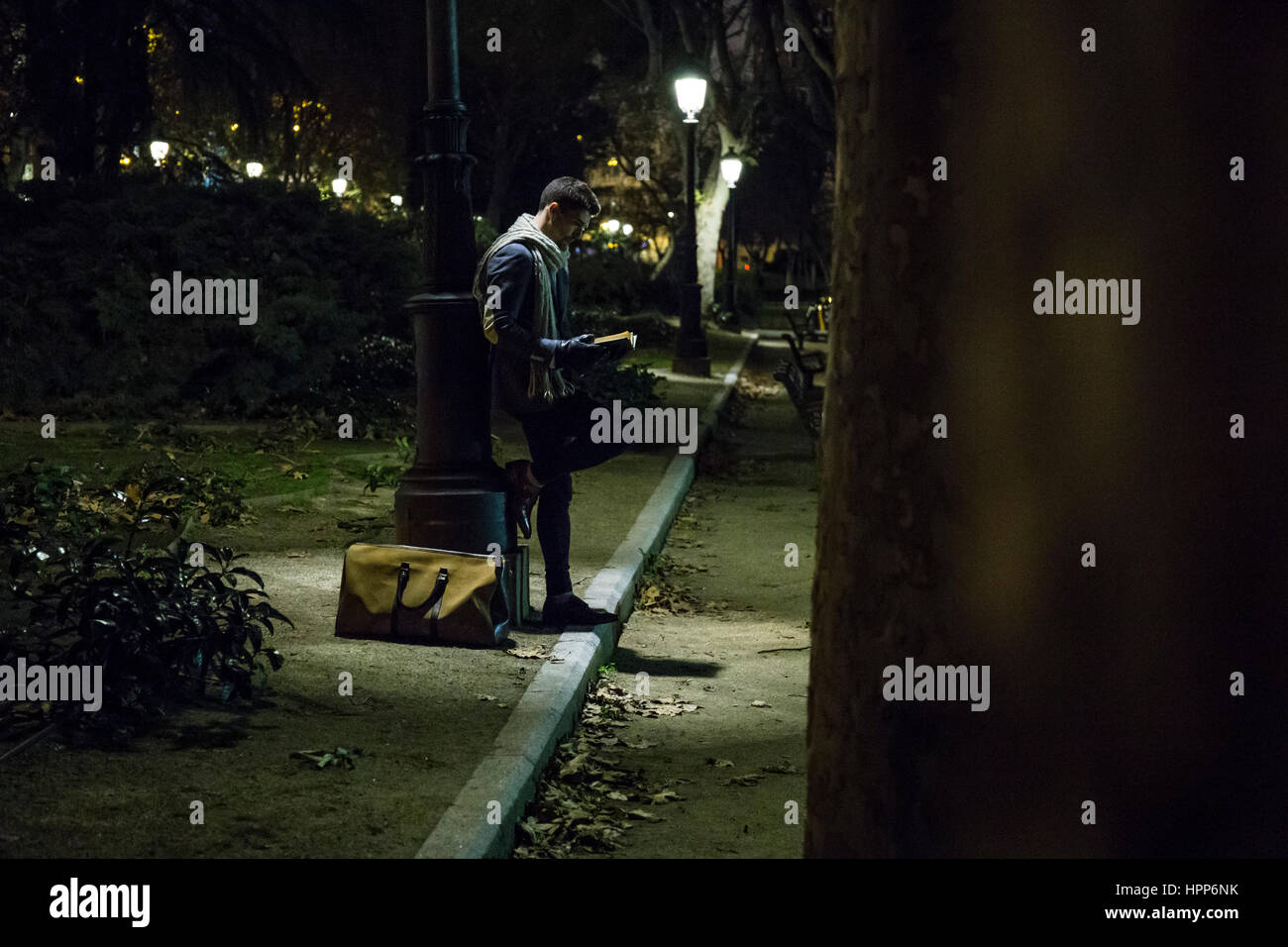 L'uomo la lettura di un libro in un parco di notte Foto Stock