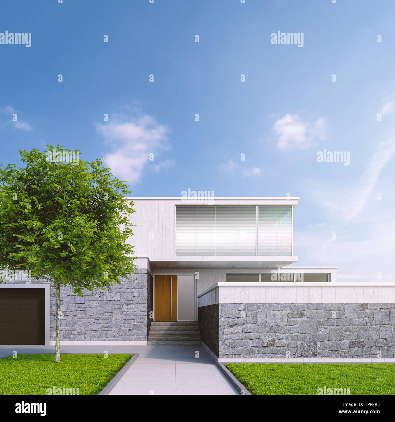 Una moderna casa unifamiliare, rendering 3D Foto Stock