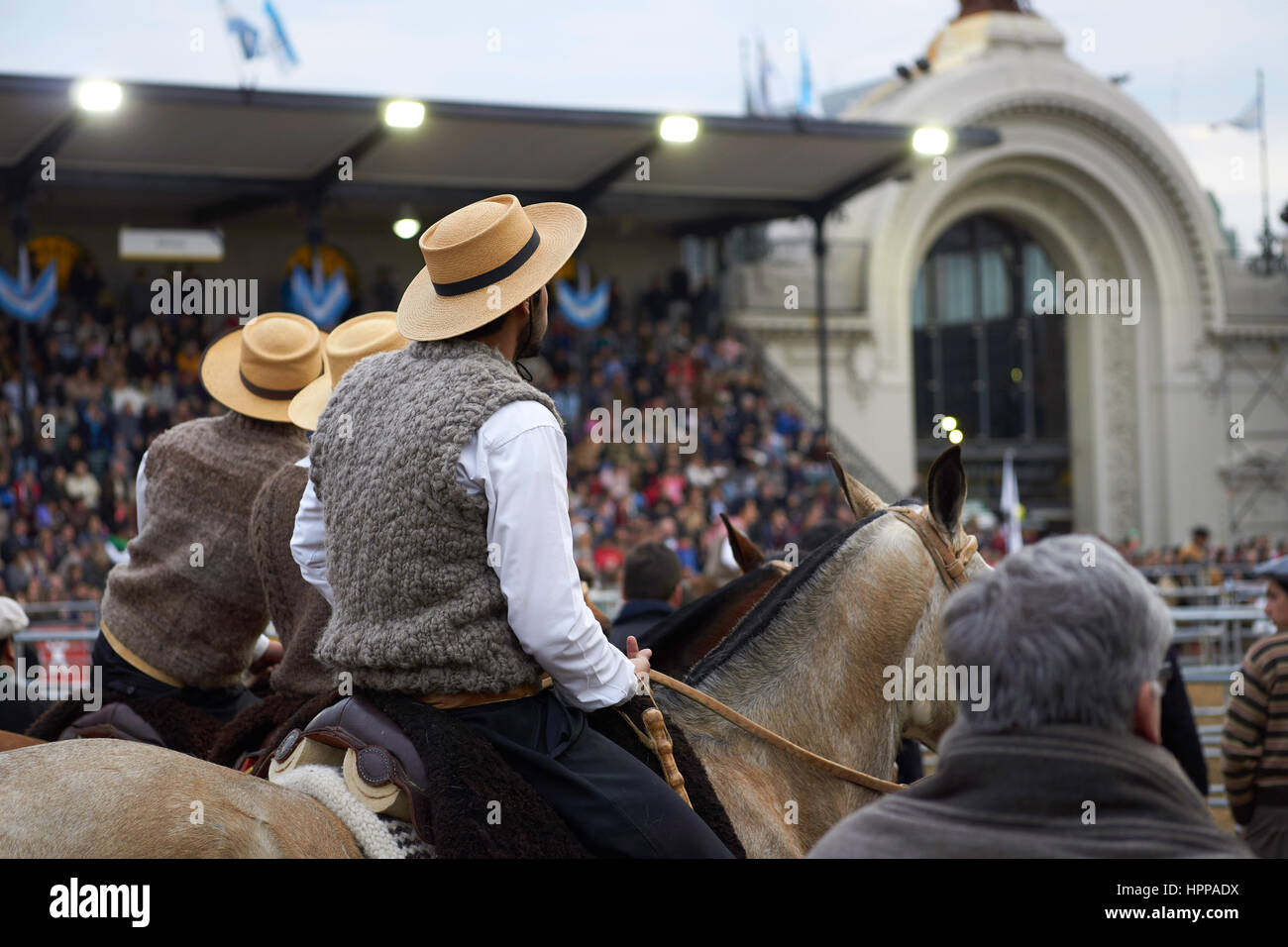 Gauchos argentini e criollo cavalli a La rurale, Argentina del più grande e agricoli mostra zootecnica Foto Stock