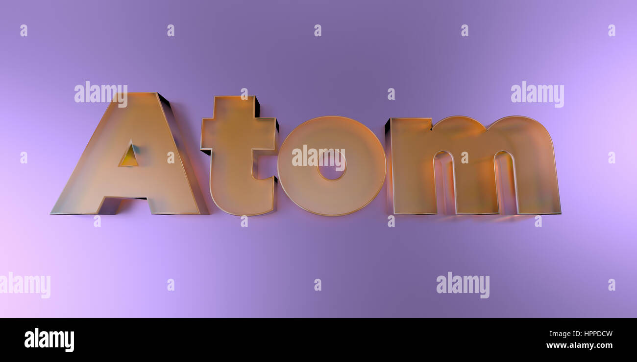 Atom - Vetro colorato testo su sfondo vibrante - 3D reso Royalty free stock foto. Foto Stock