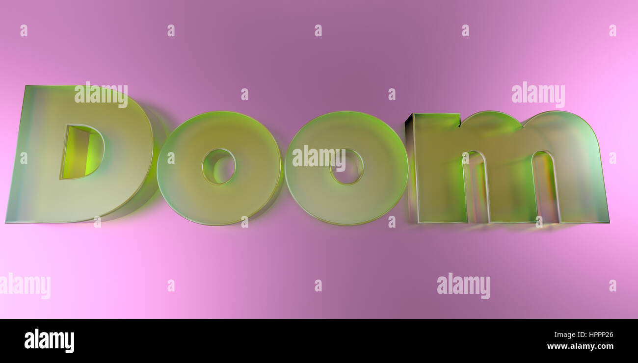 Doom - Vetro colorato testo su sfondo vibrante - 3D reso Royalty free stock foto. Foto Stock