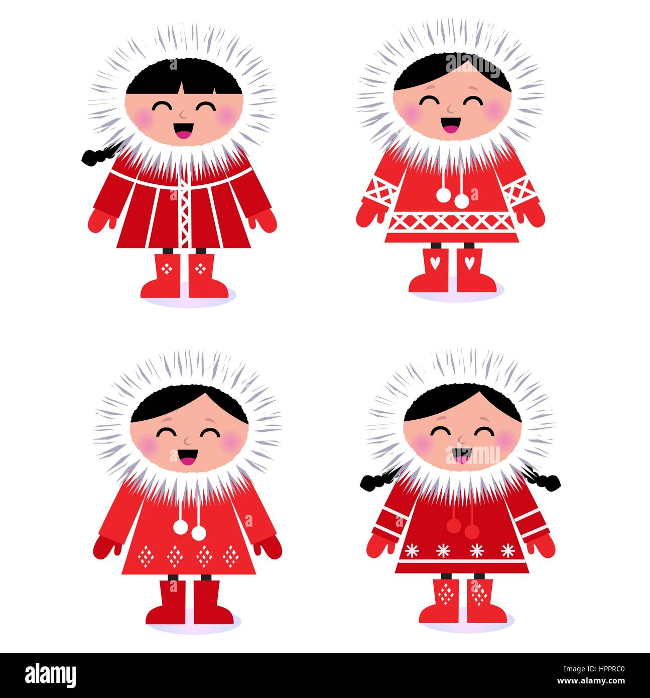 11659596 - molto carino eschimese bambini in rosso cappotto. vettore illustrazione rétro Foto Stock