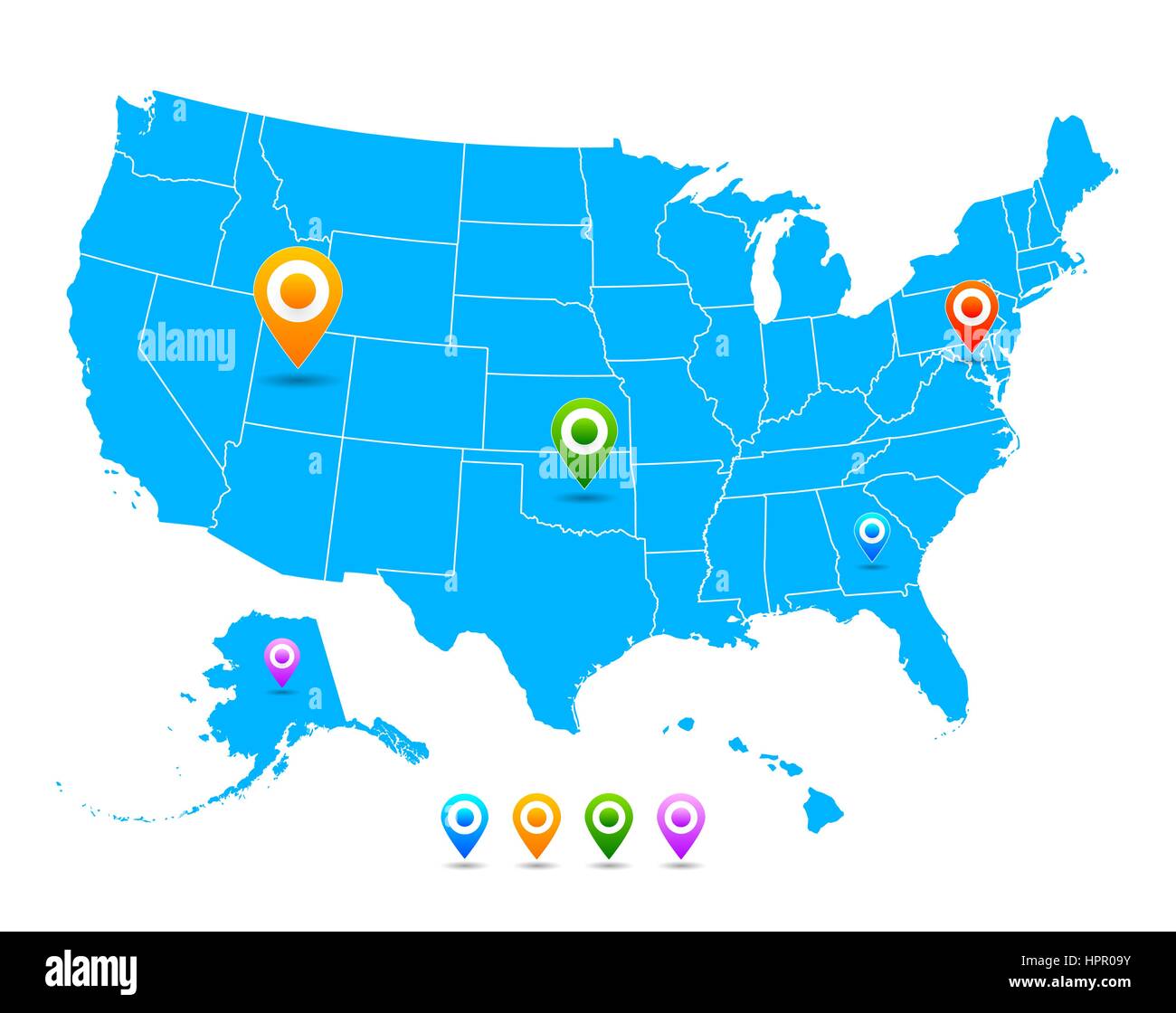 Vettore negli Stati Uniti (USA) mappa con puntatori isolato Illustrazione Vettoriale