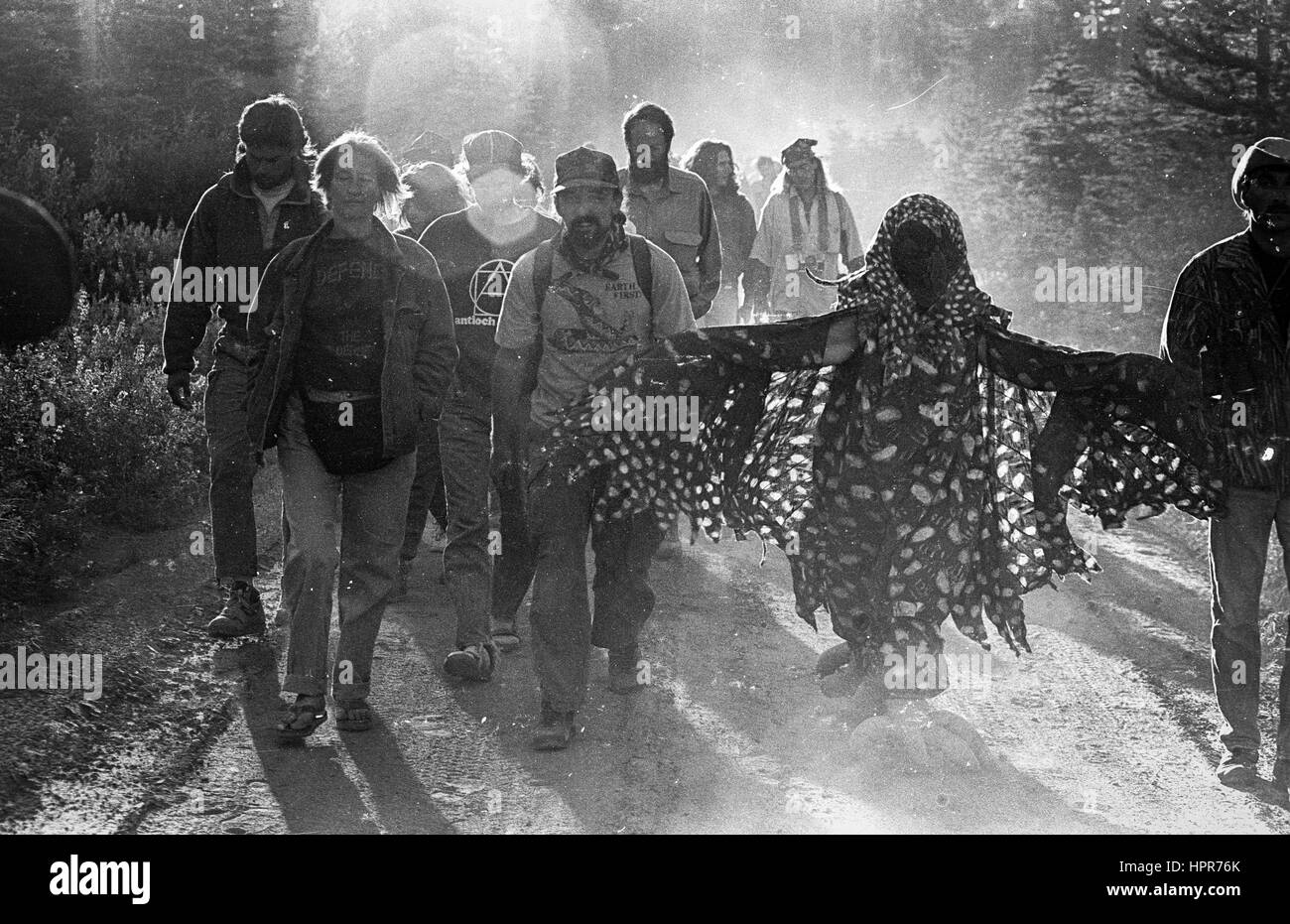 Messa a terra per primo! Redwood Estate. Sequoia National Forest. 1989 Primo Terra! I manifestanti a piedi il sito di un chiaro taglio durante l'anno di Reagan. Foto Stock
