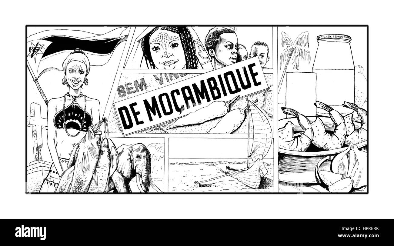 Collage di cose che si trovano comunemente in Mozambico Foto Stock