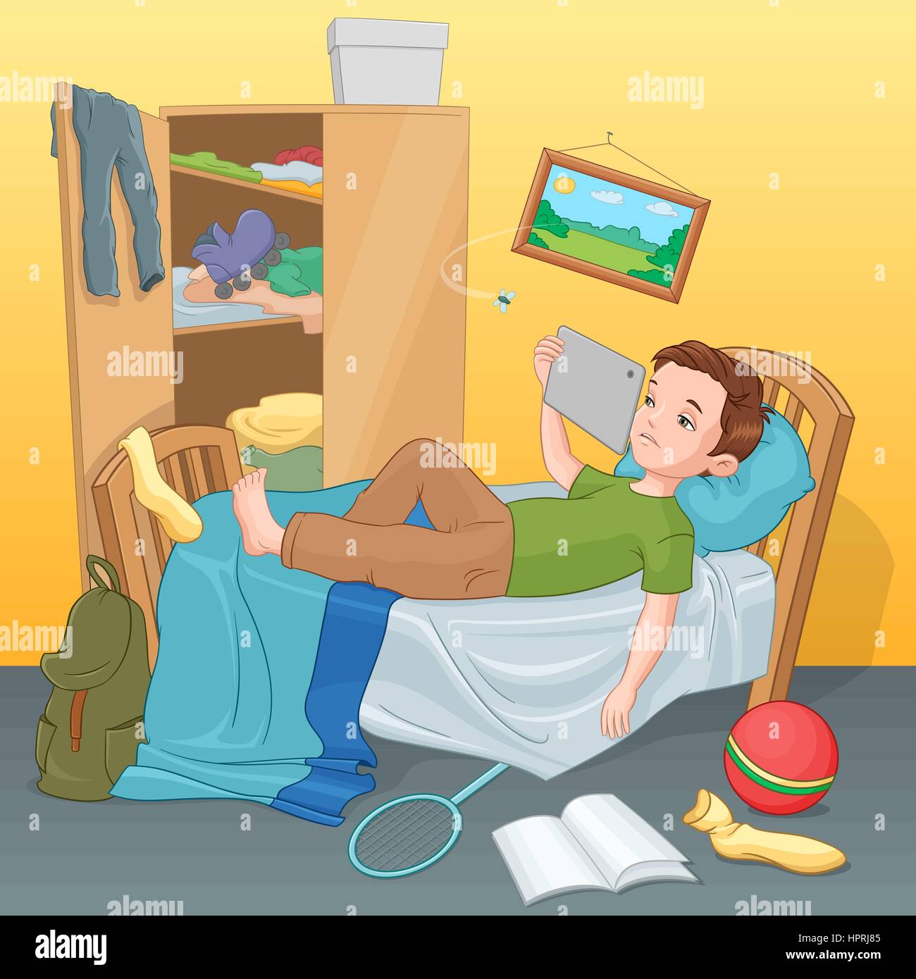 Lazy Boy giacente sul letto con la compressa. Illustrazione Vettoriale. Illustrazione Vettoriale