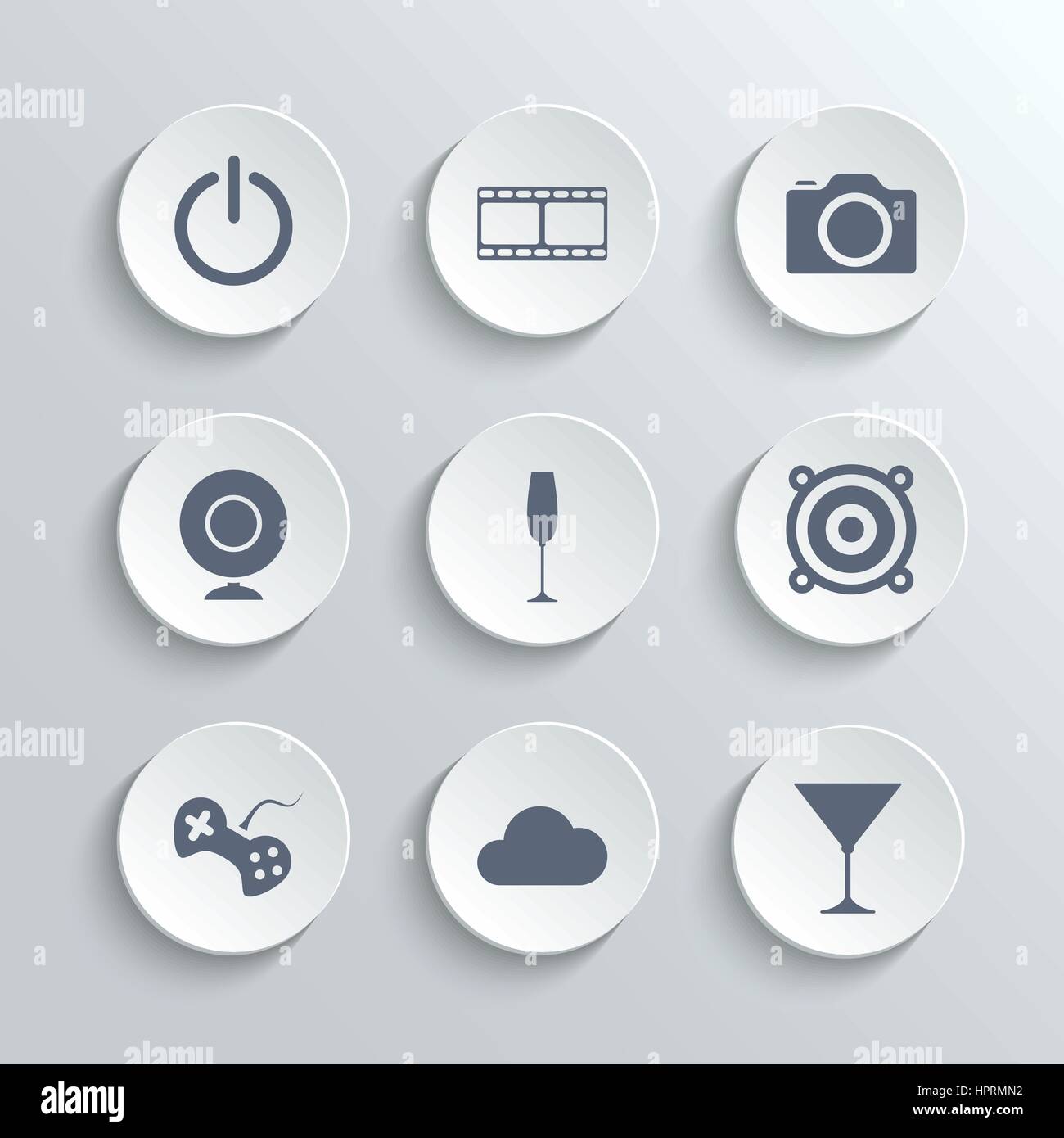 Icone Multimedia set - bianco vettore pulsanti rotondi con film di potenza webcam discoteca party game cloud simboli cocktail Illustrazione Vettoriale
