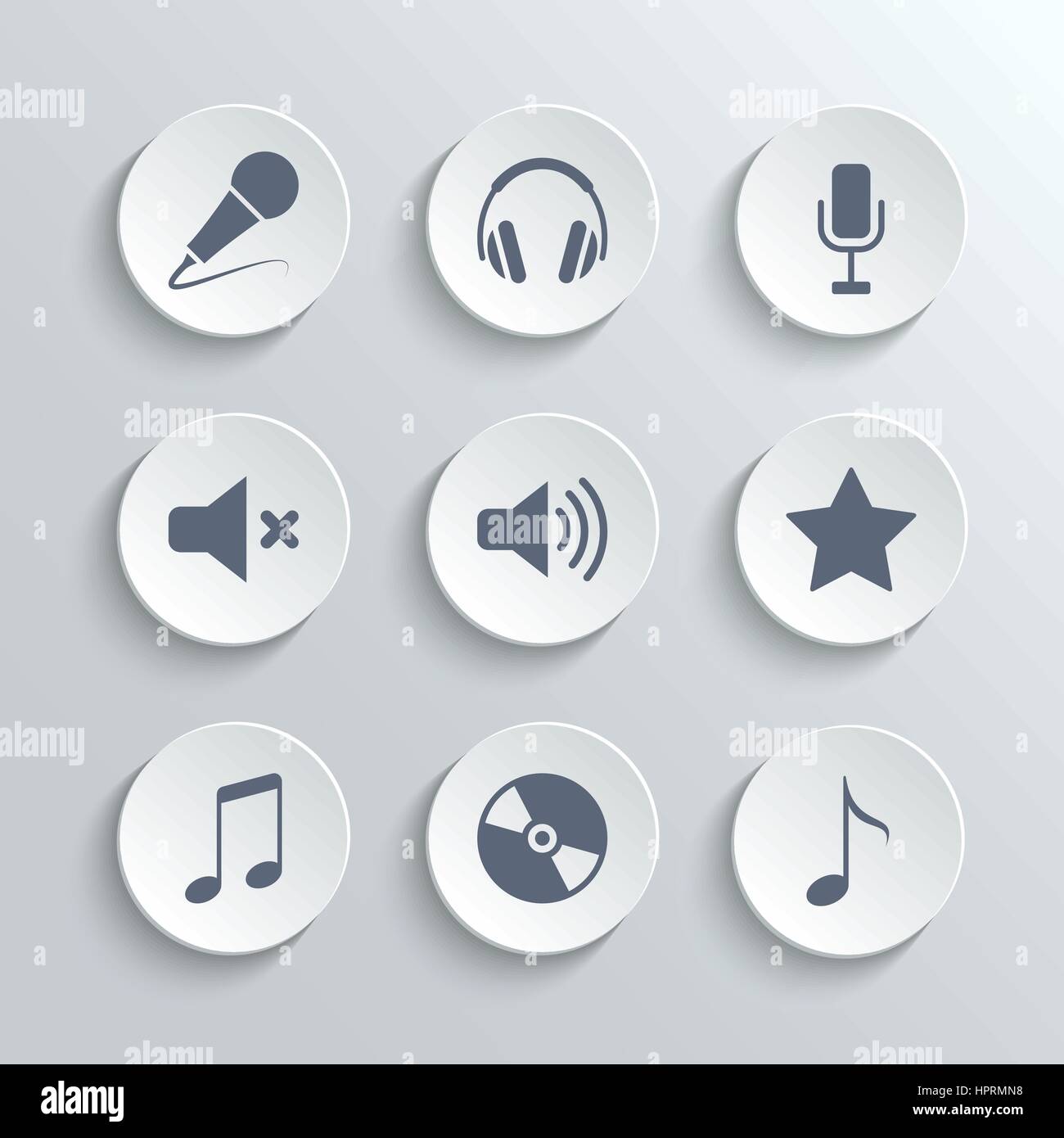 Supporto set di icone - bianco vettore pulsanti rotondi con microfono classico cuffie volume mute star della musica disco nota Illustrazione Vettoriale