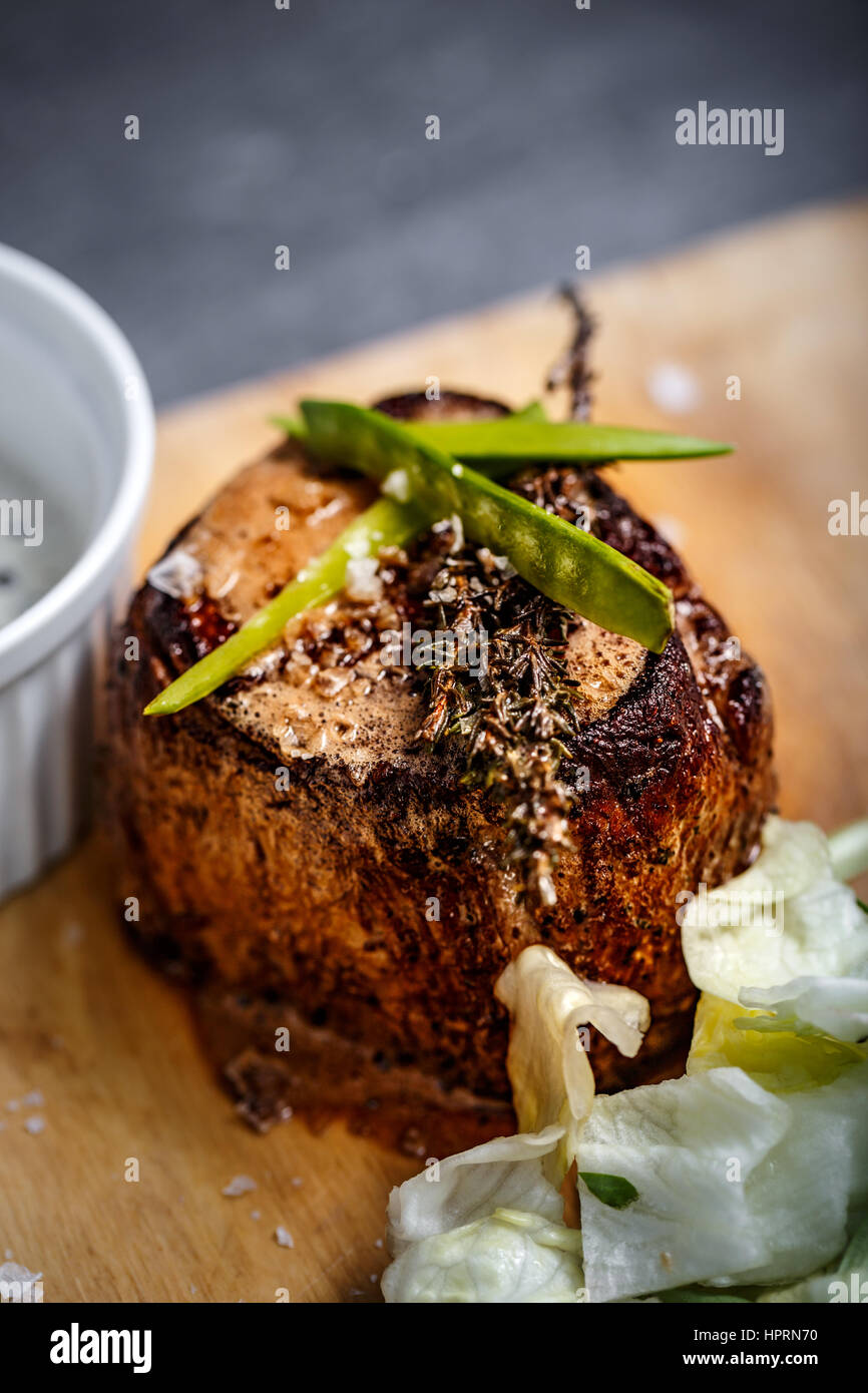 Carni bovine nervatura-eye steak, close up shot Foto Stock