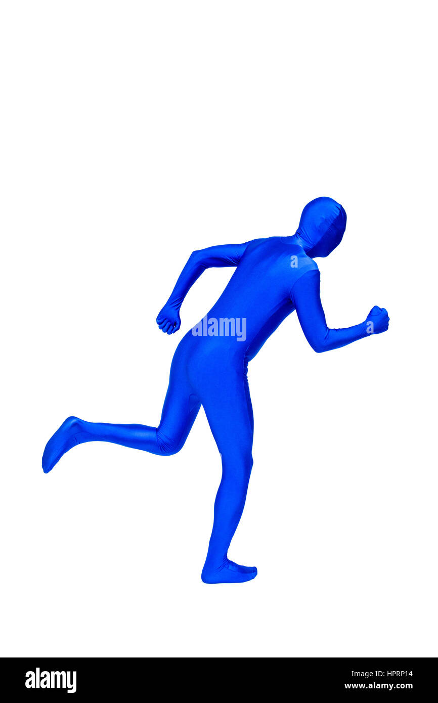 Misterioso uomo blu in morphsuit mostra in esecuzione isolato su bianco Foto Stock