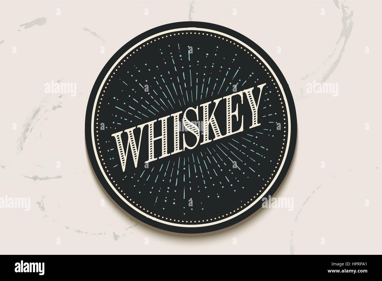 Bevanda coaster con iscrizione Whiskey e raggi di luce Illustrazione Vettoriale