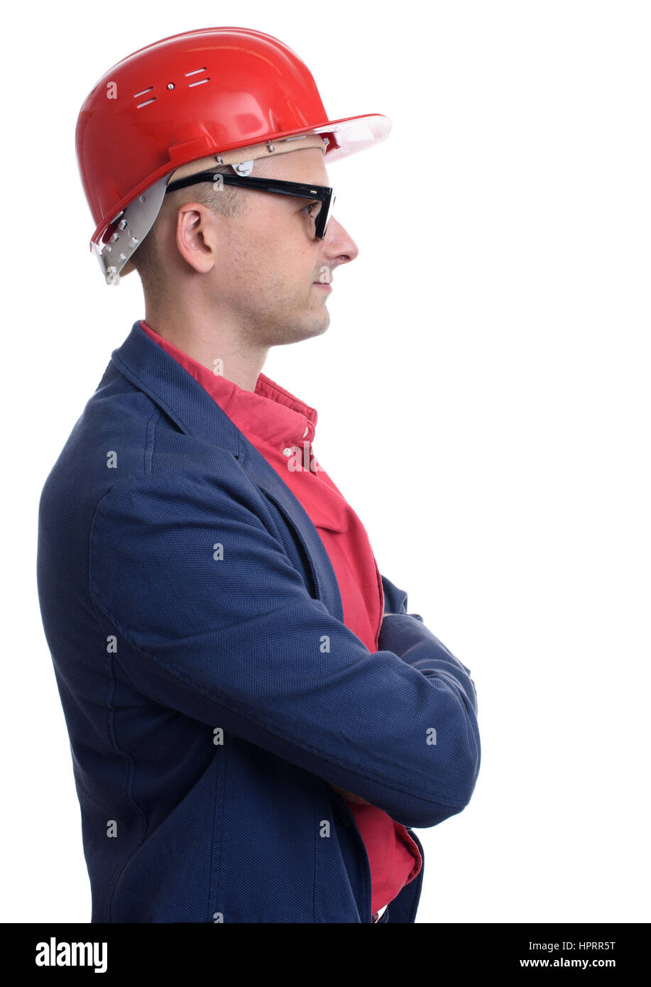 Ritratto di profilo di uomo che indossa il casco di costruzione. Isolato su bianco Foto Stock