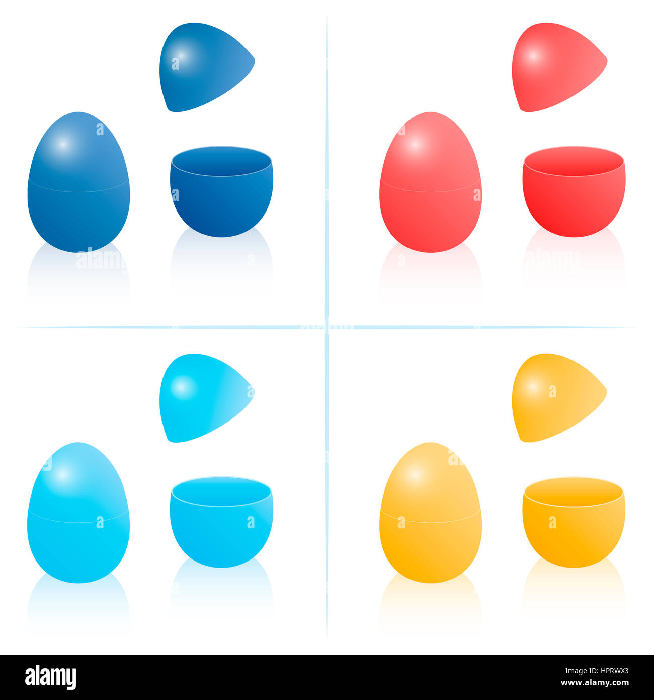 Uovo di Pasqua scatole, chiuso e aperto per essere riempiti - il buio e la luce blu, rosso e arancione. Foto Stock