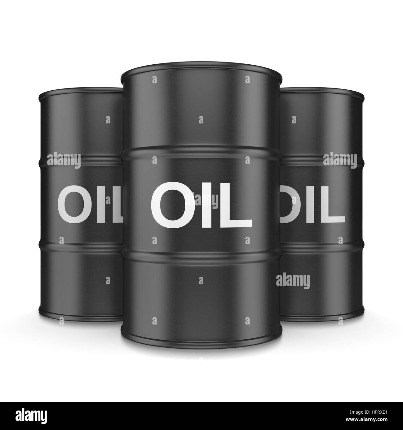 Nero tre barili d'olio su sfondo bianco 3D illustrazione Foto Stock