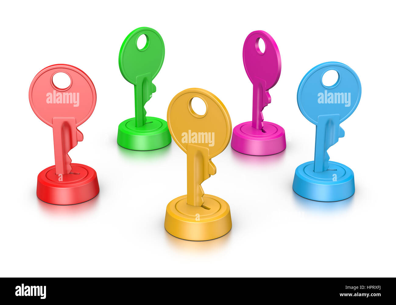 Set di tasti colorati inseriti nei blocchi colorati su sfondo bianco 3D'illustrazione, giusto concetto chiave Foto Stock