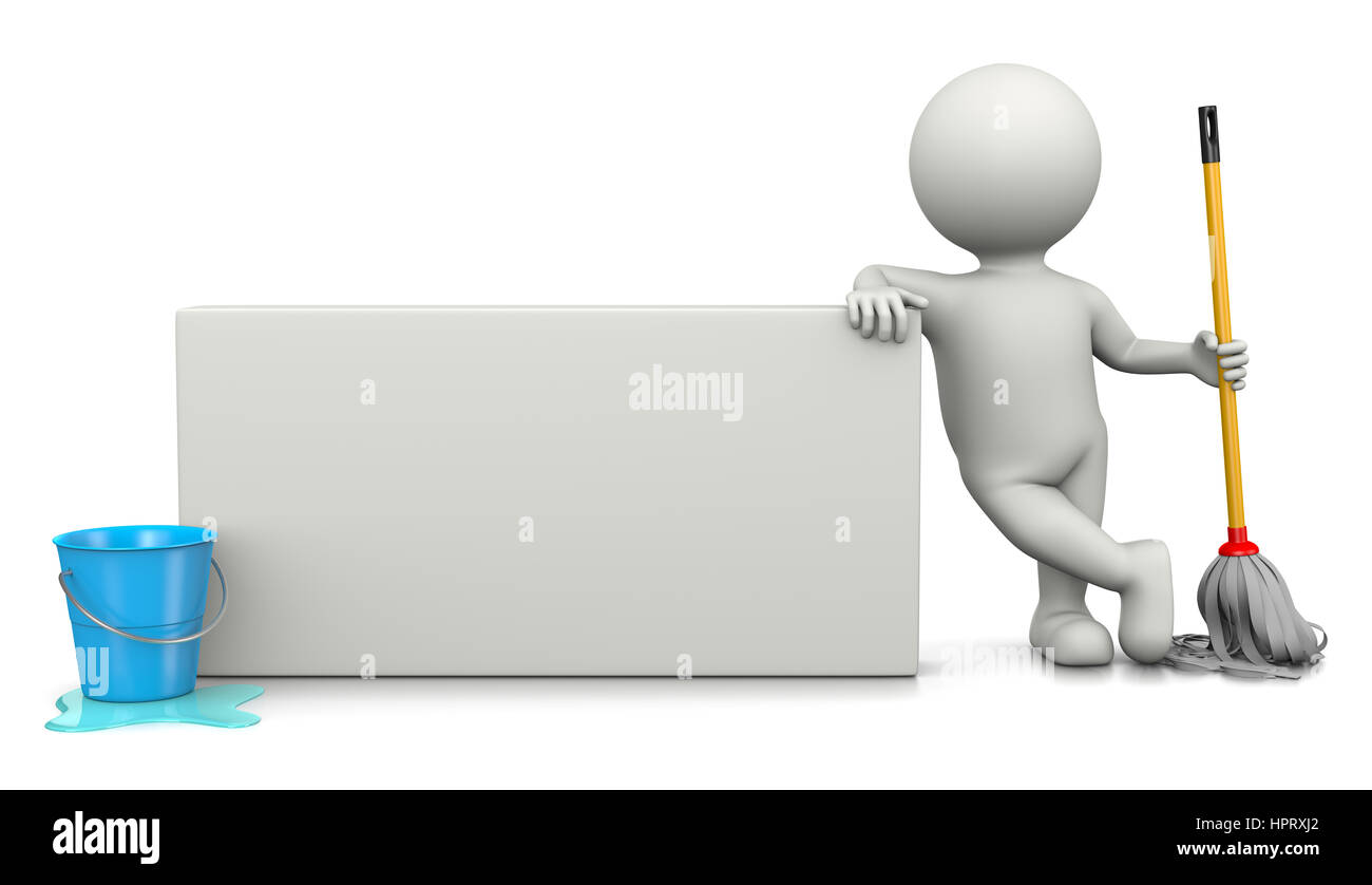 White 3D carattere con gli strumenti di pulizia appoggiato su di uno sbozzato Bill 3D illustrazione Foto Stock