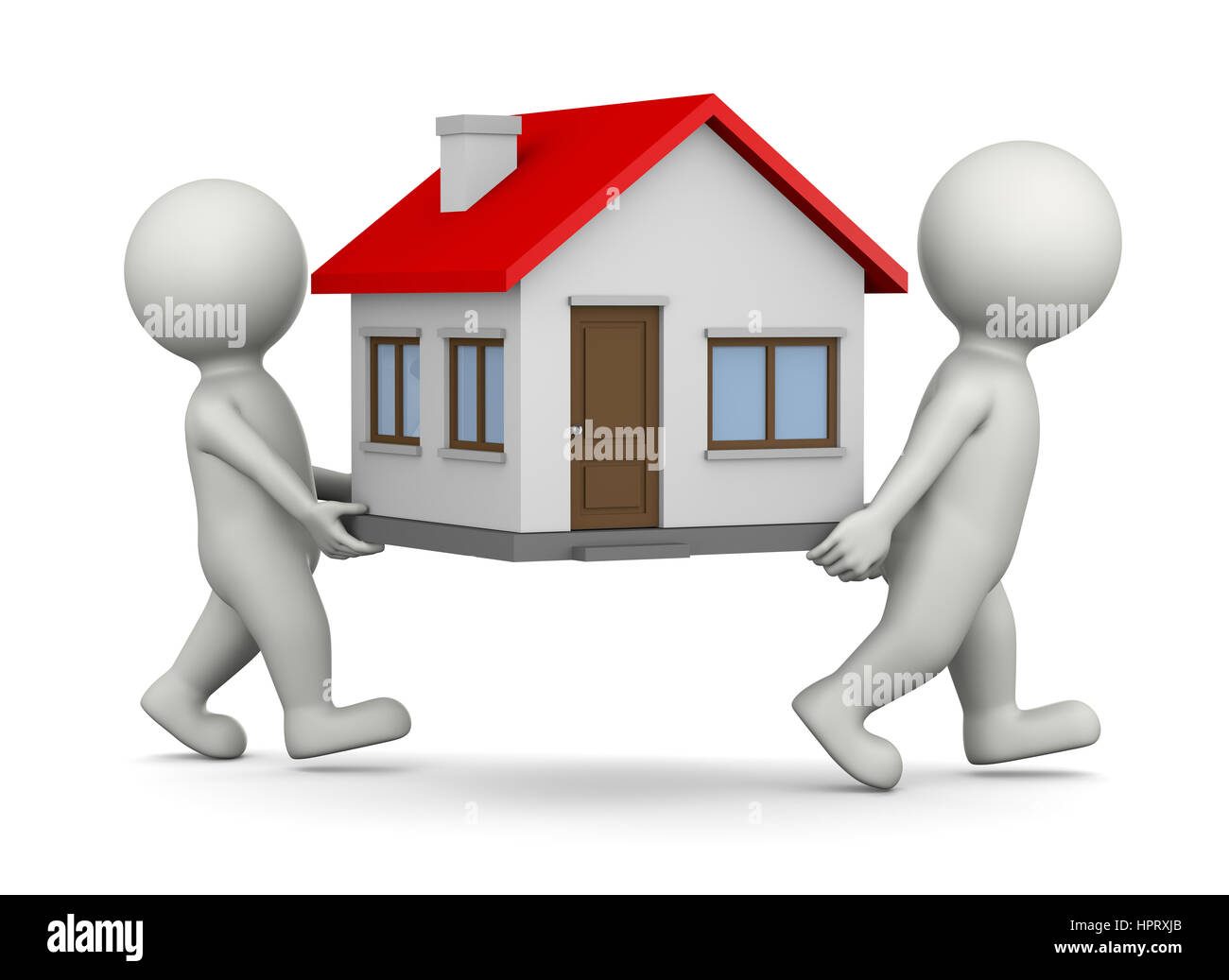 Due bianchi personaggi 3D Casa portante 3D'illustrazione su sfondo bianco, concetto in movimento Foto Stock