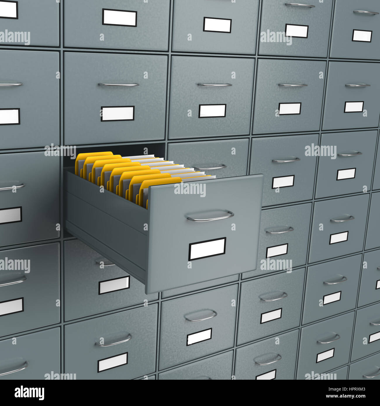 Archivio metallico Rack con un cassetto aperto pieno di giallo cartelle di documenti, trovare documenti Concetto 3D illustrazione Foto Stock
