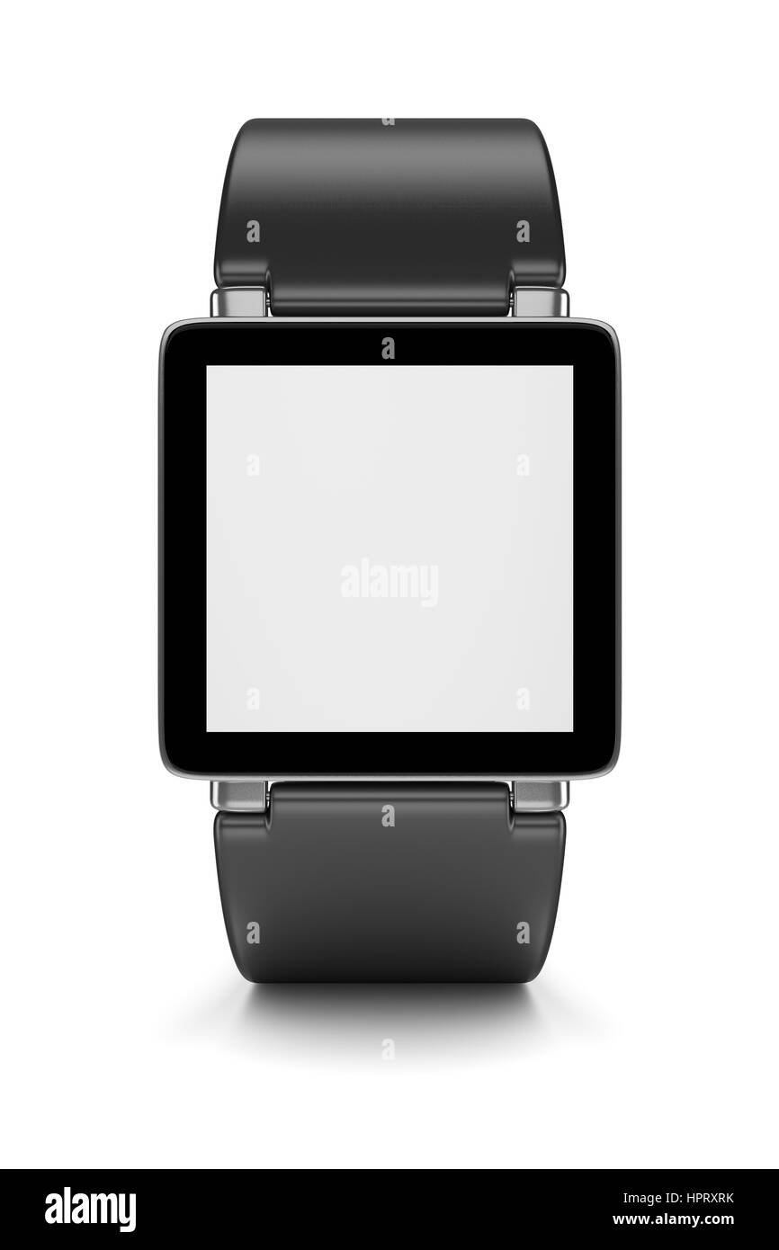 Smartwatch nero con display in bianco su sfondo bianco 3D'illustrazione, vista frontale Foto Stock