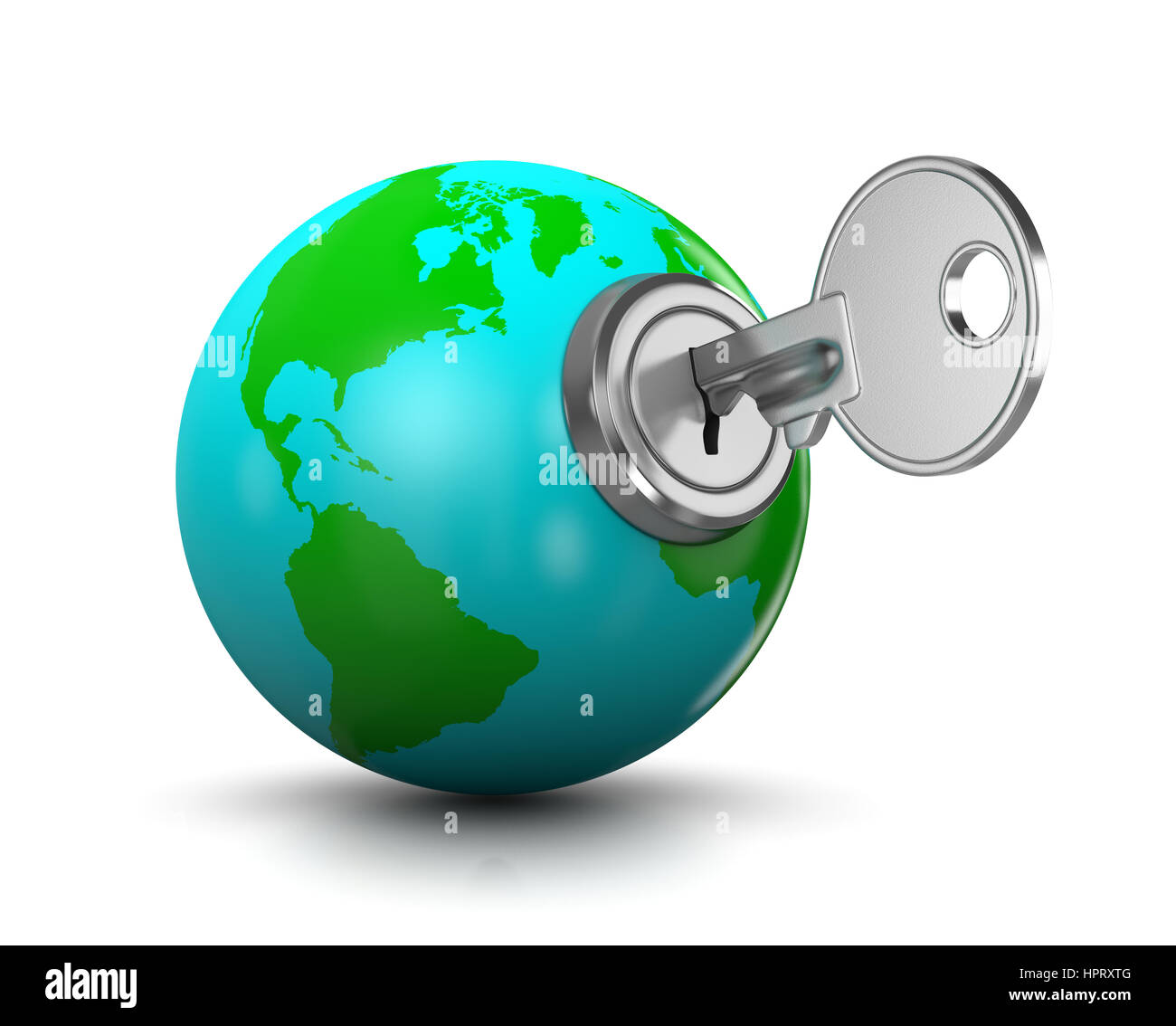 Chiave di metallo inserito in un blu e verde Globo mondo blocco sagomato 3D'illustrazione su sfondo bianco Foto Stock