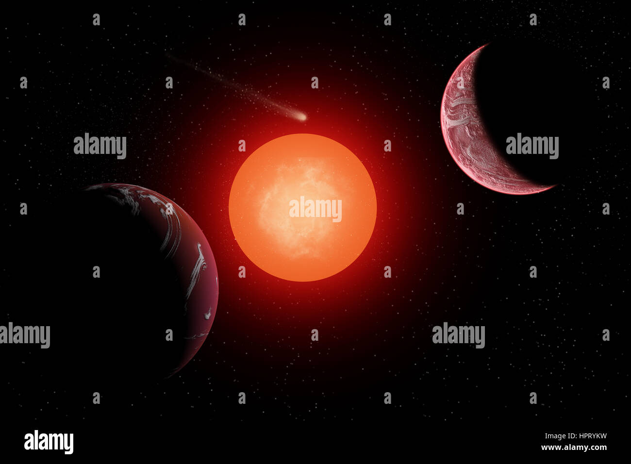 Due esopianeti in orbita attorno ad un gigante rosso Sun Foto Stock