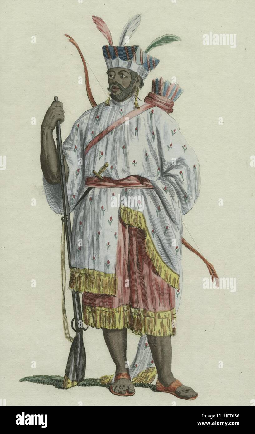 Corpo pieno illustrazione di Nyai, re di Barsilly, tenendo moschetto e arco e frecce, 1849. Dalla Biblioteca Pubblica di New York. Foto Stock