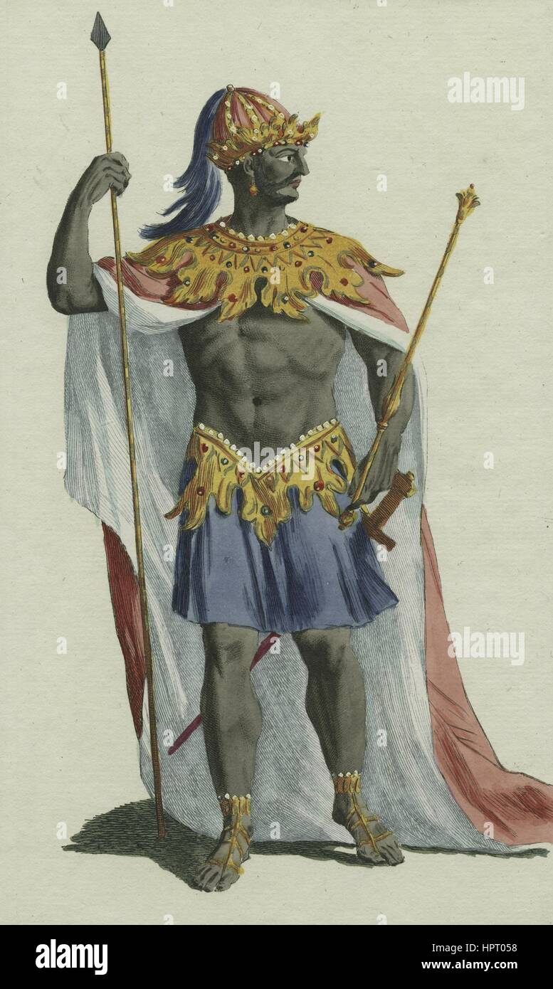 Corpo pieno schizzo di Alkmey, re di Guinea, con copricapo, lancia e cape, 1780. Dalla Biblioteca Pubblica di New York. Foto Stock