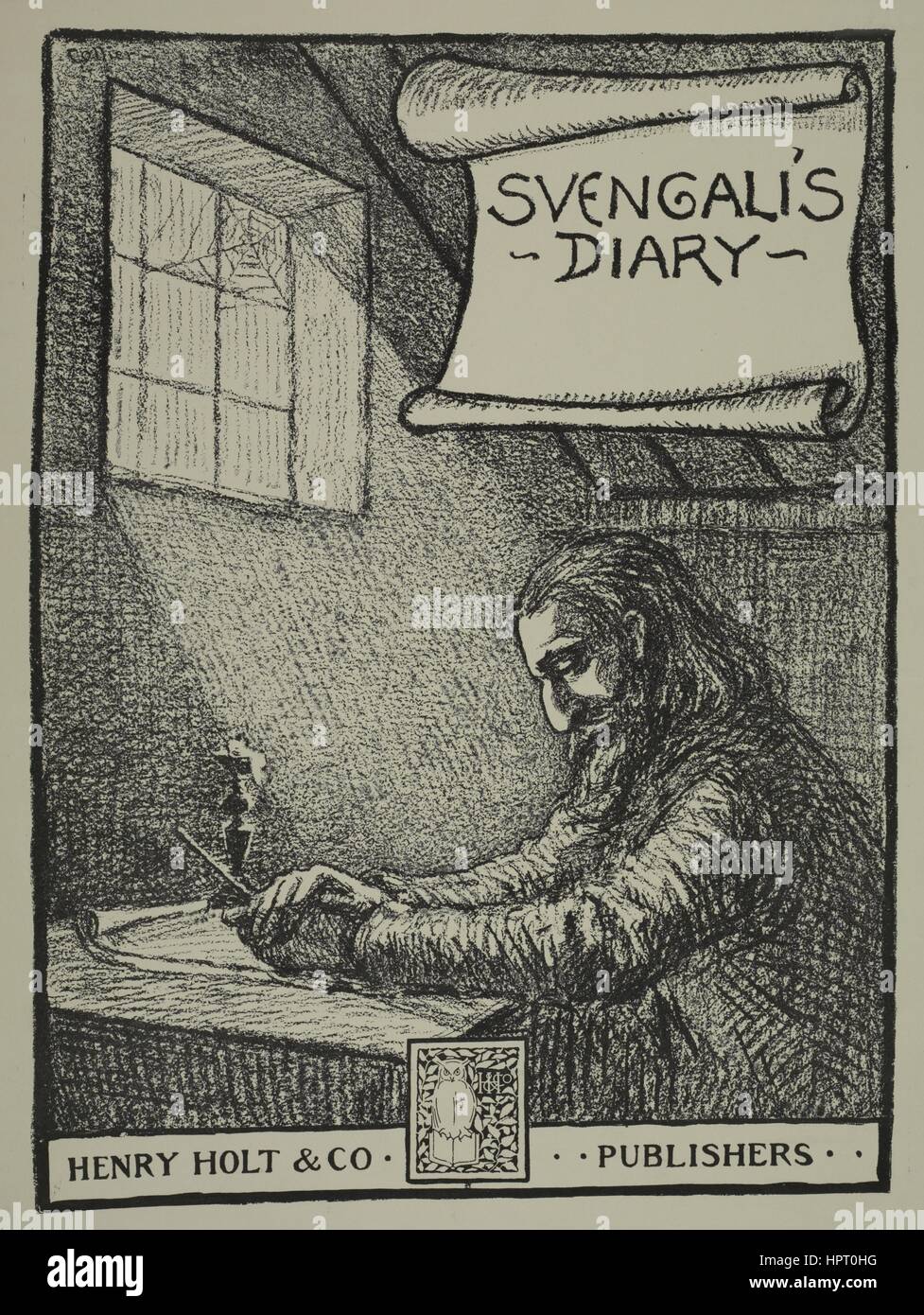 Poster pubblicitario per un libro intitolato Svengali il diario che visualizza un uomo seduto e iscritto nella parte anteriore di una scrivania, 1903. Dalla Biblioteca Pubblica di New York. Foto Stock