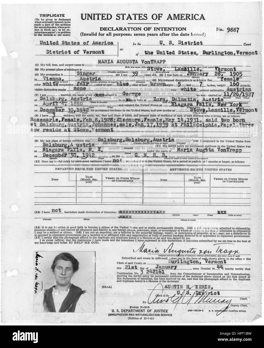 La dichiarazione di intenzione depositata da Maria von Trapp della Trapp Family Singers, Vermont, 21 gennaio, 1944. Immagine cortesia archivi nazionali. Foto Stock