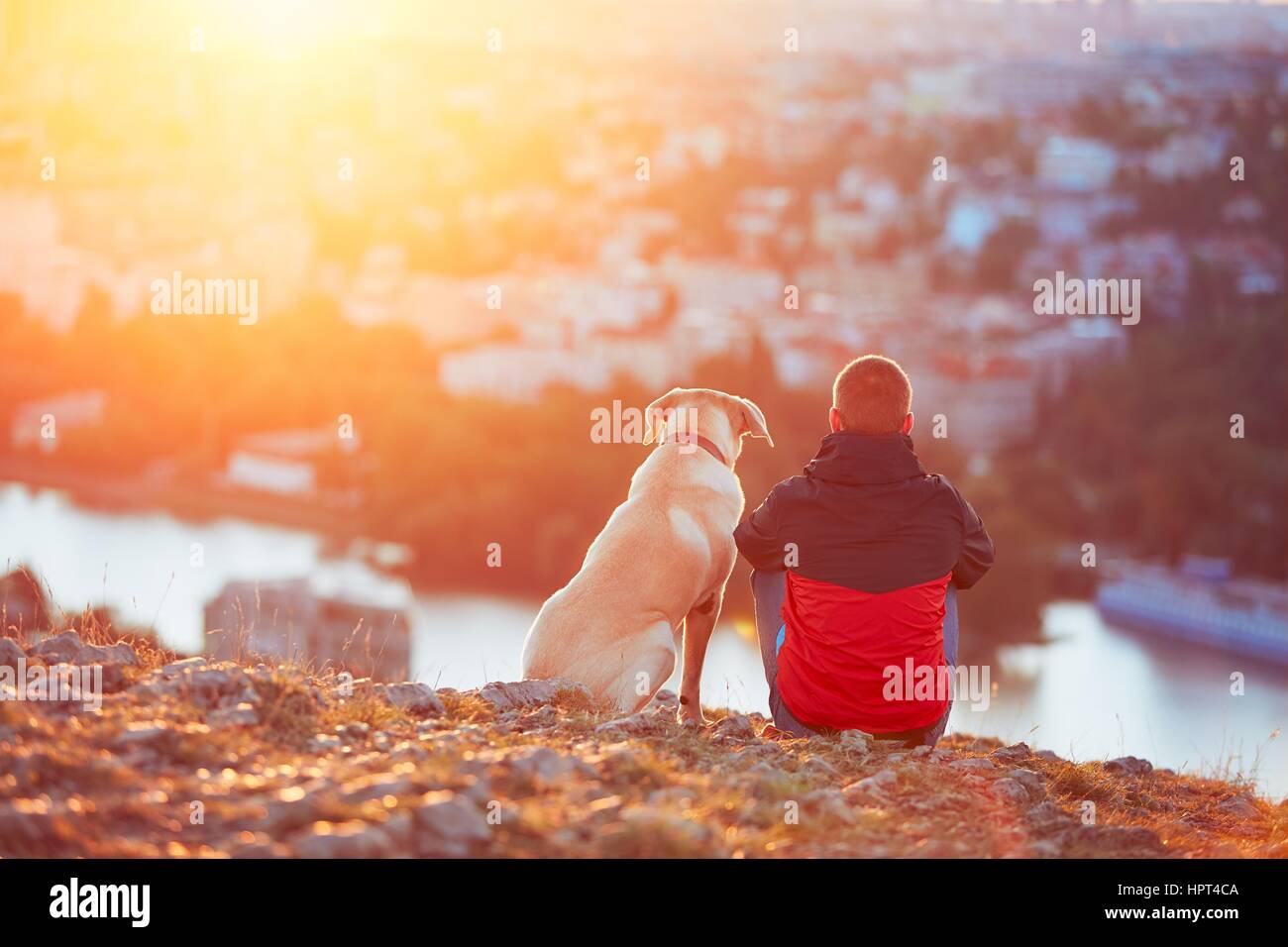 Godendo di sun. Pensieroso giovane uomo seduto su di una collina con il suo cane (giallo labrador retriever). Incredibile sunrise in città. A Praga nella Repubblica Ceca. Foto Stock