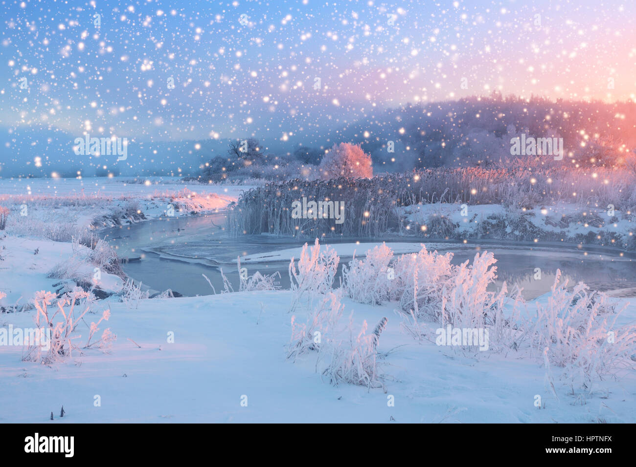 Luminose la mattina di Natale con nevicata. I fiocchi di neve cadono sul campo nevoso. Inverno a tema natalizio. Foto Stock