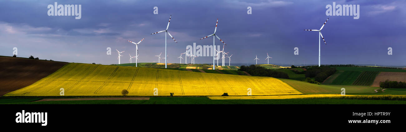 Impianto eolico su un ampio campo giallo Foto Stock