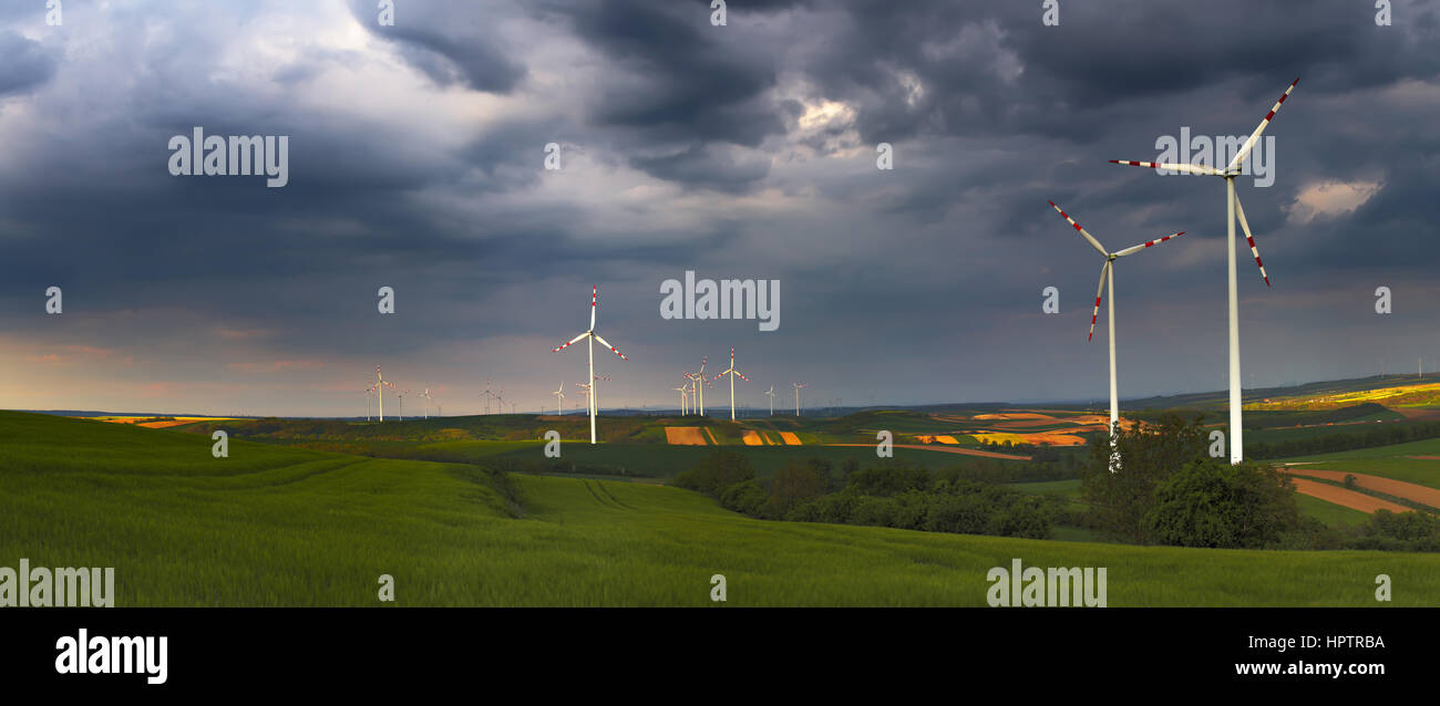 Vista panoranic su impianto eolico sul campo verde Foto Stock