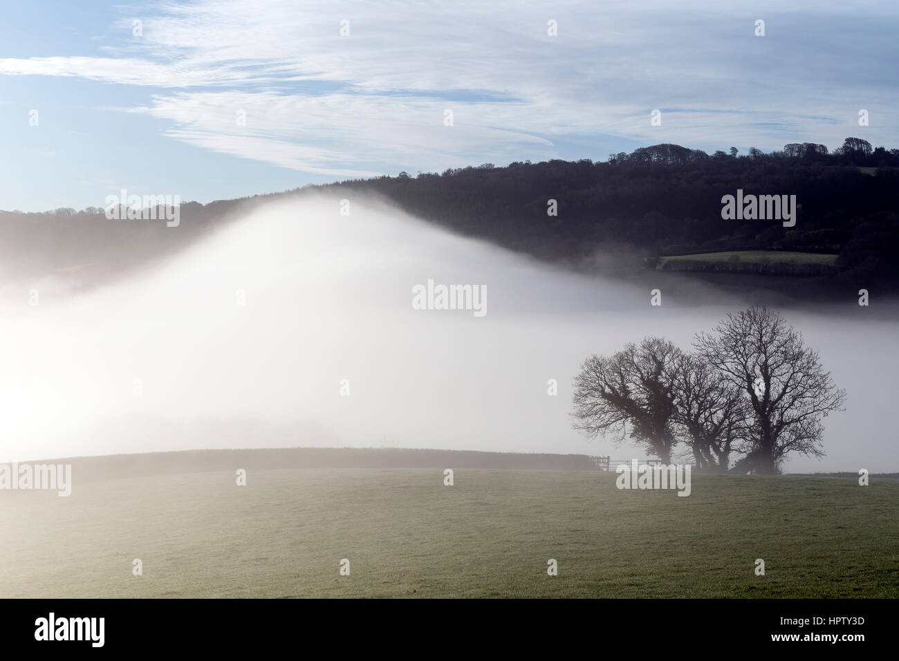 La nebbia rotoli su un combe o coombe una valle contenente il villaggio di Dunsford nella valle Teign,Cob e paglia imbiancato,Parco Nazionale di Dartmoor Foto Stock