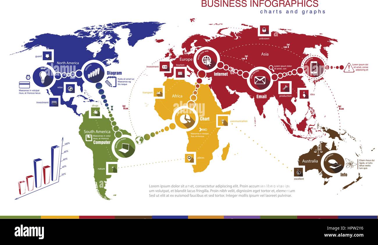 Infographics con mappa del mondo e grafici Illustrazione Vettoriale