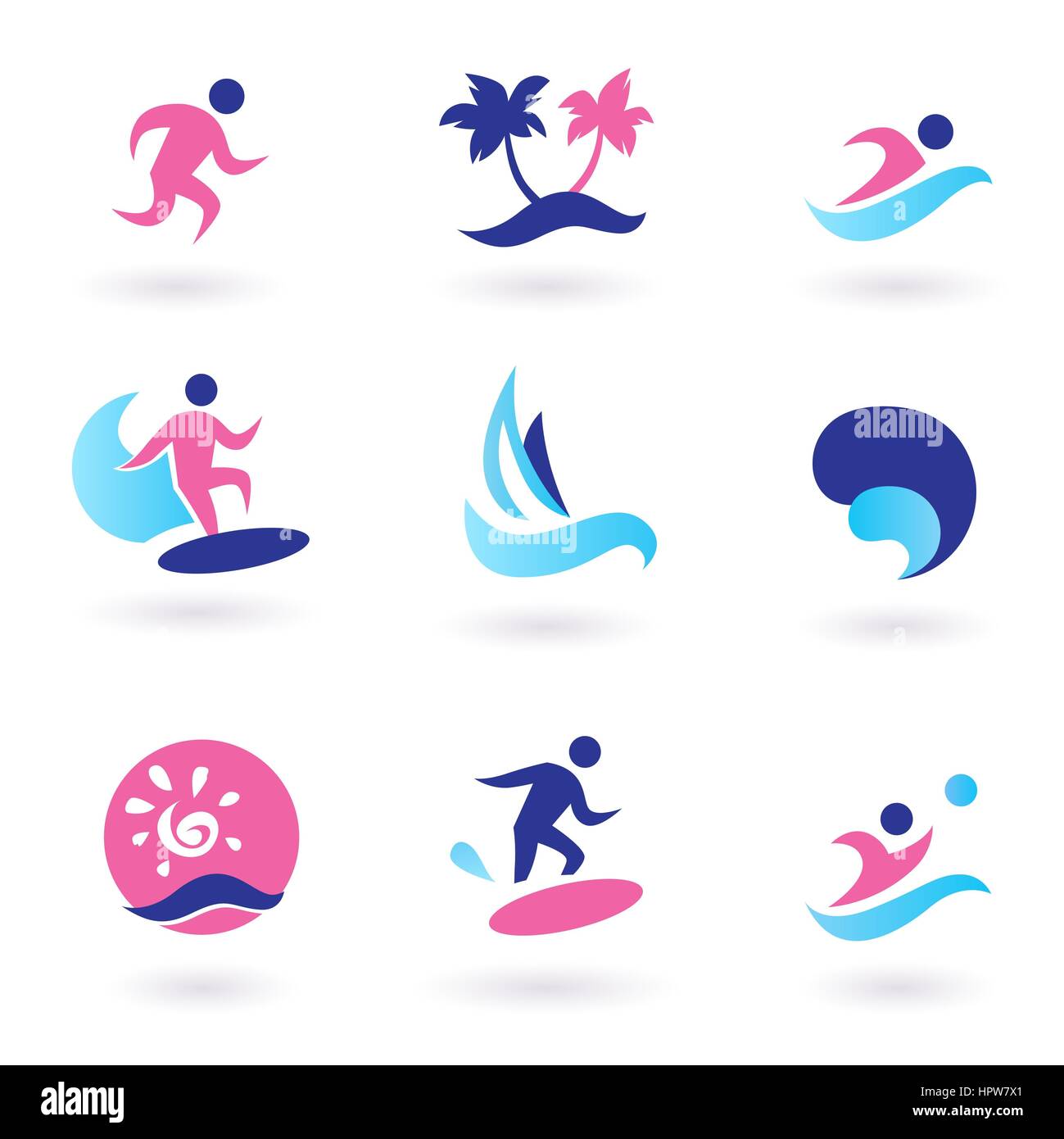 9666904 - raccolta di vacanza e sport estivi icone. illustrazione vettoriale. Foto Stock