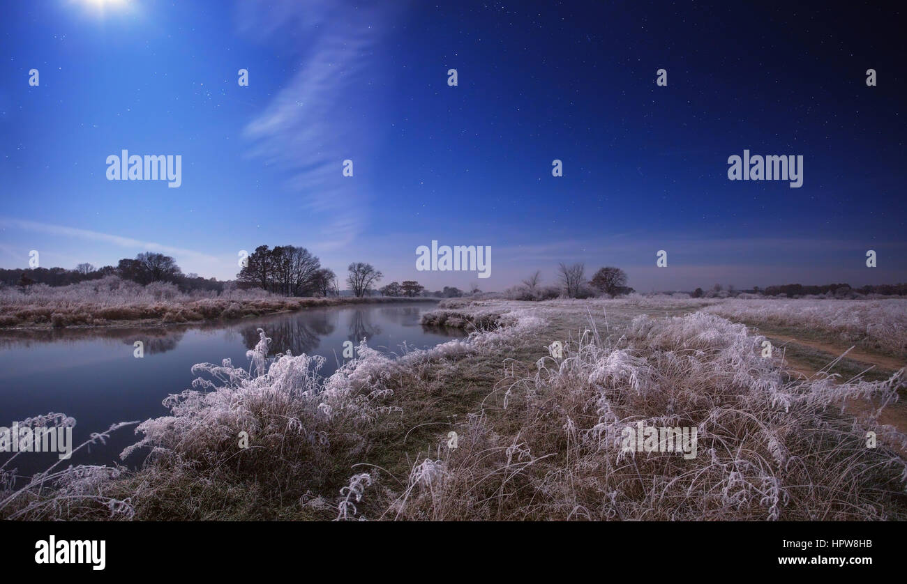 Colorato paesaggio notturno. Chiaro di Luna. Il campo coperto dalla brina Foto Stock