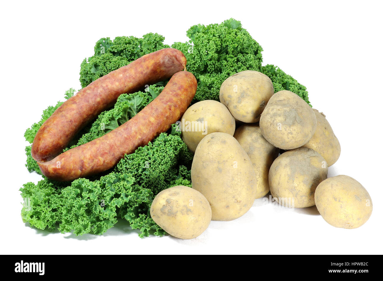 Gli ingredienti di un tradizionale tedesco cavolo riccio pasto isolato su sfondo bianco Foto Stock