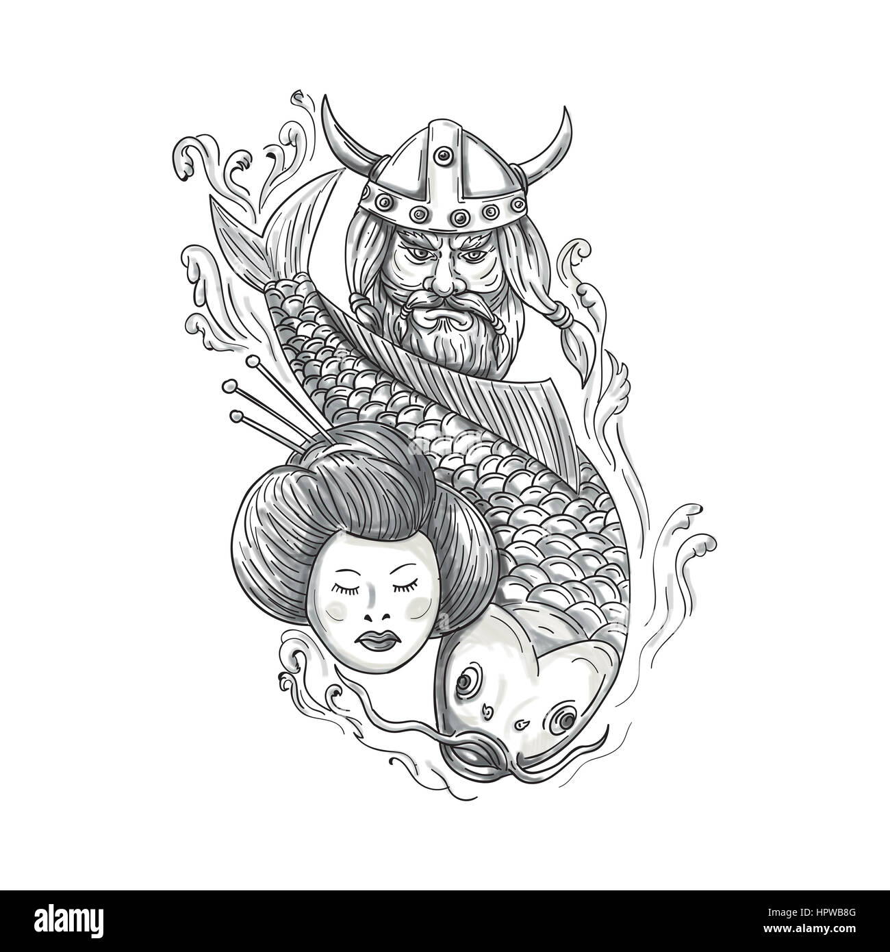 Lo stile di tatuaggio illustrazione di una testa di un norseman viking raider guerriero barbaro cornuto indossa il casco con la barba, carpe koi pesci immersioni e geisha gi Foto Stock