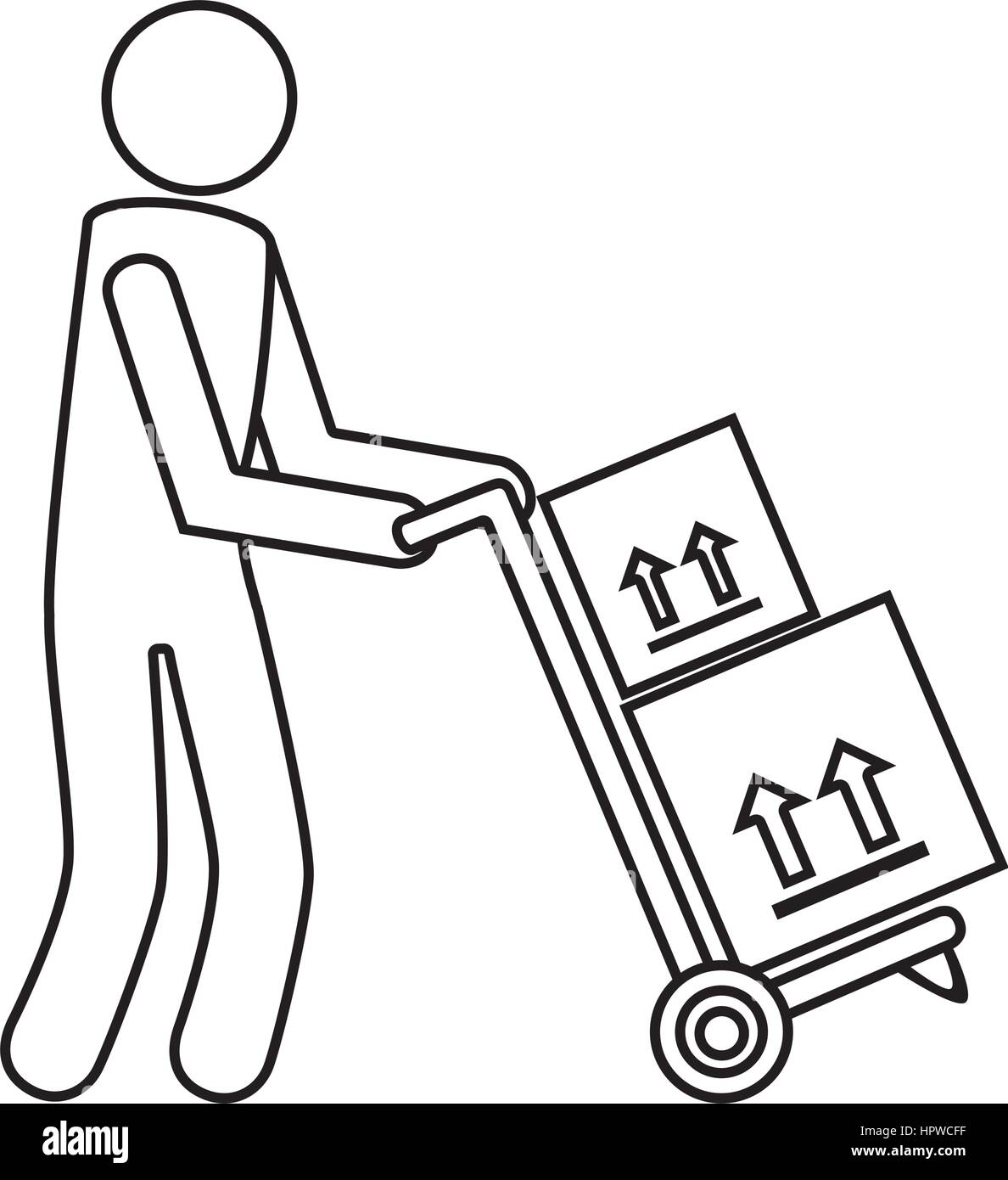 Contorno monocromatica con messenger e carrello con scatole Illustrazione Vettoriale