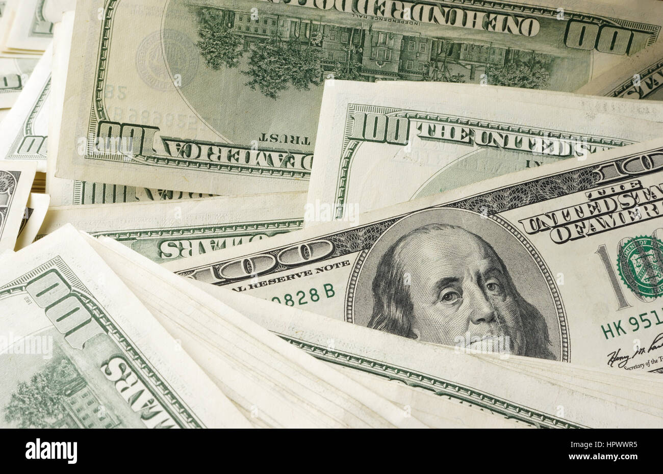 Sfondo di un centinaio di dollari di banconote. Foto Stock
