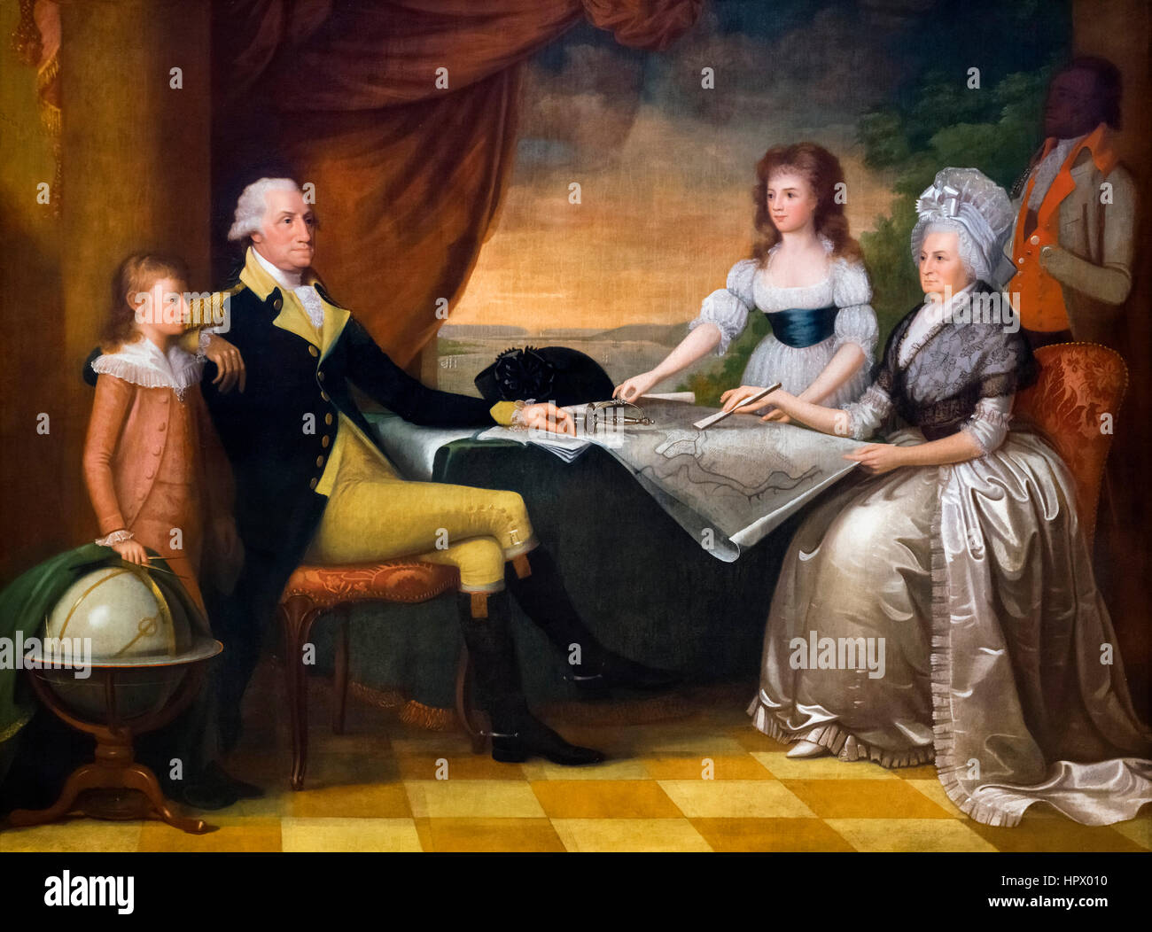 George Washington e la sua famiglia da Edward Savage, olio su tela, c.1790-96. Il ritratto mostra George e Martha Washington con i loro due bambini, Jack e Patsy. Foto Stock