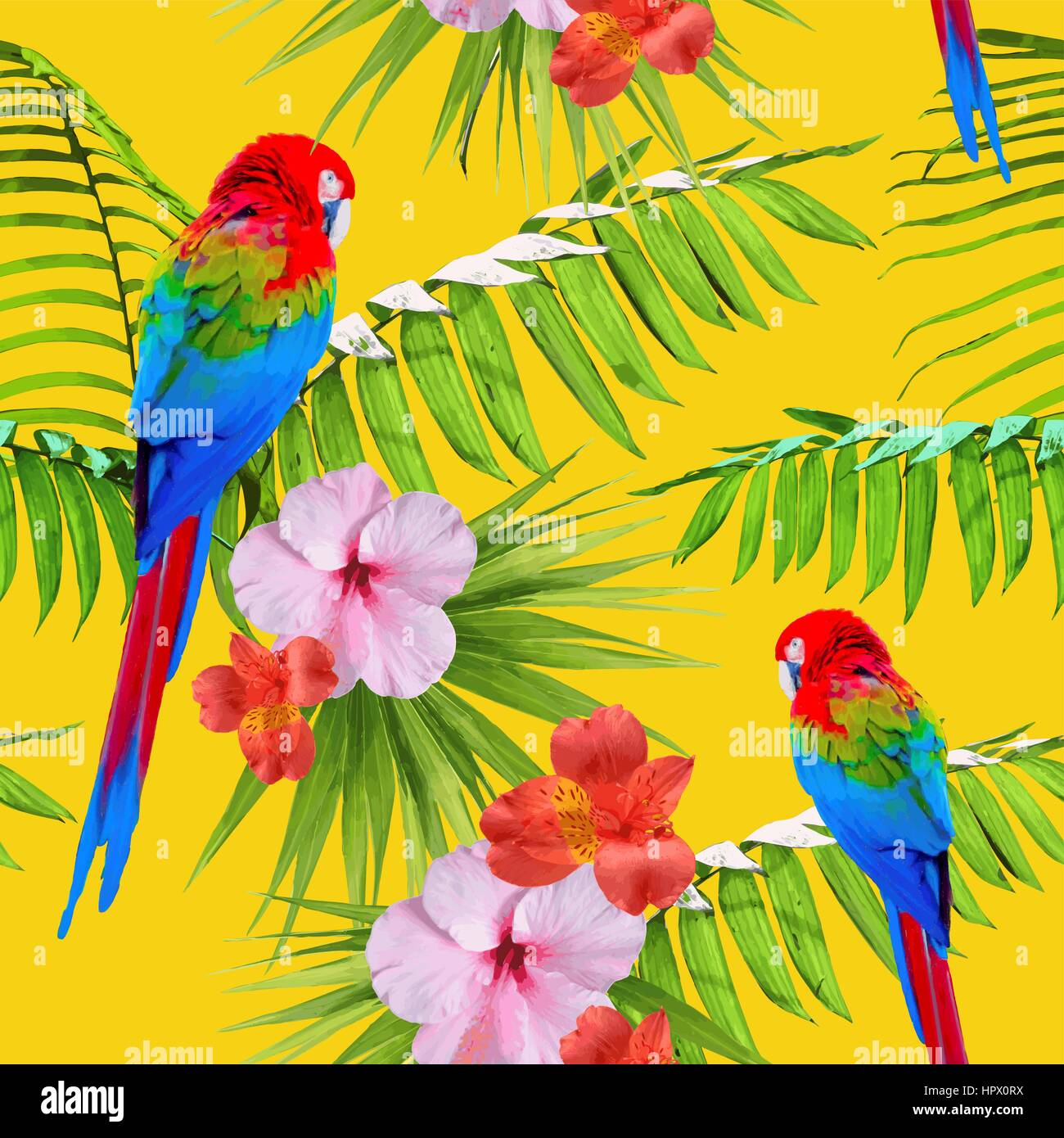 Tropical seamless pattern print con esotici estate natura decorazione. Include i fiori di ibisco, uccelli colorati e foglie di palmo. Illustrazione Vettoriale