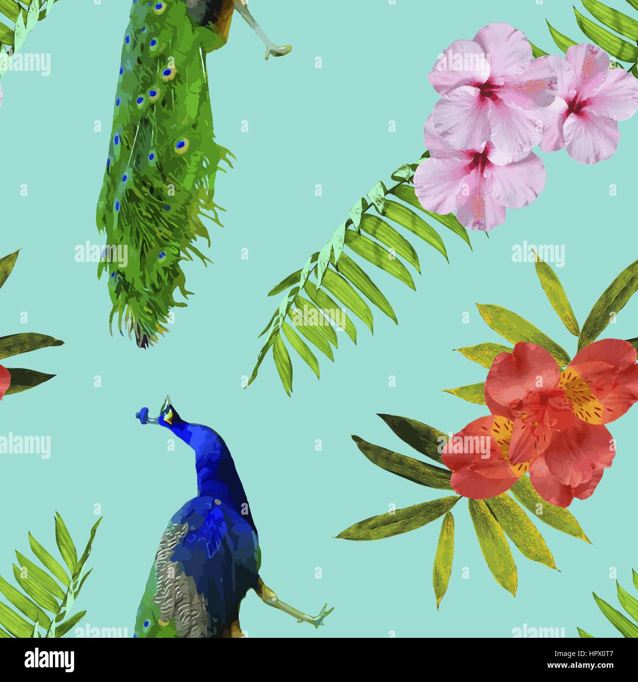Tropical seamless pattern print con esotici estate natura decorazione. Include i fiori di ibisco, Pavone uccelli e foglie di palmo. Illustrazione Vettoriale