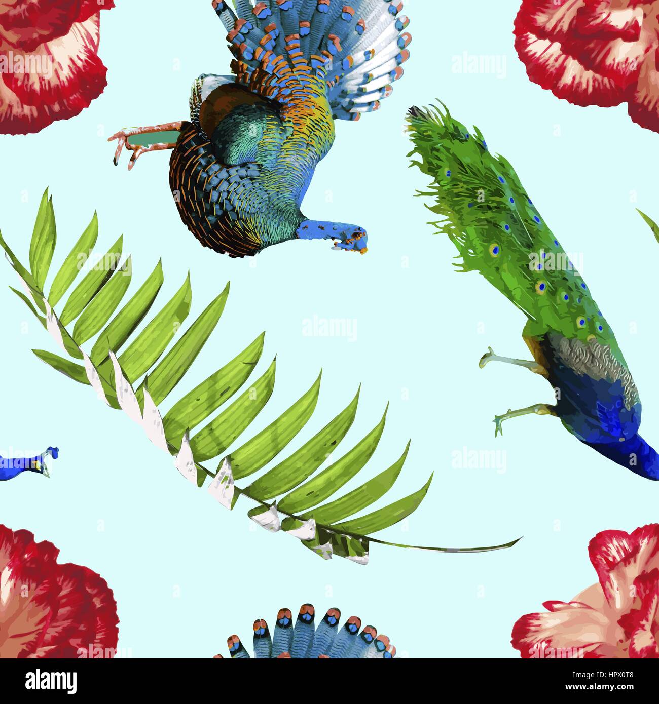 Tropical seamless pattern print con esotici estate natura decorazione. Include i fiori di ibisco, uccelli colorati e foglie di palmo. Illustrazione Vettoriale