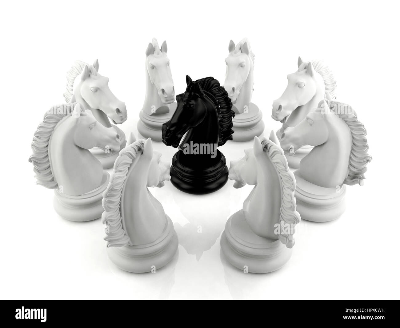 Cavaliere Nero a scacchi circondato da un gruppo di white knight scacchi, poveraccio concept Foto Stock